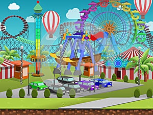 Seamless cartoon amusement park, summer landscape, vector unending background with separated layers.