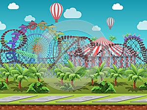 Seamless cartoon amusement park, summer landscape, vector unending background with separated layers.