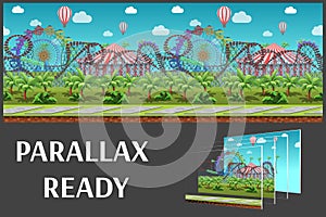 Seamless cartoon amusement park, summer landscape, vector unending background with separated layers.