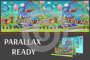 Seamless cartoon amusement park, summer landscape, vector unending background with separated layers. photo