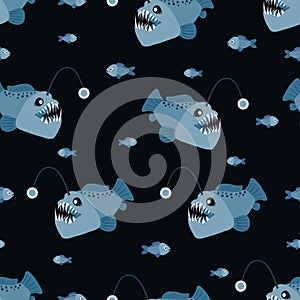 Seamless cartoon angler fish pattern. Vector marine background with anglers