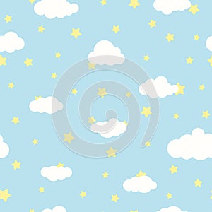 Seamless cartoon background with white clouds and yellow stars on blue sky. Overcast pattern. Vector