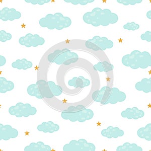 Seamless cartoon background with white clouds and yellow stars in the sky