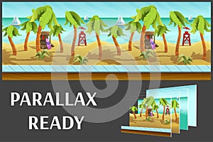 Seamless cartoon beach landscape, vector unending background with separated layers.