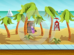 Seamless cartoon beach landscape, vector unending background with separated layers.