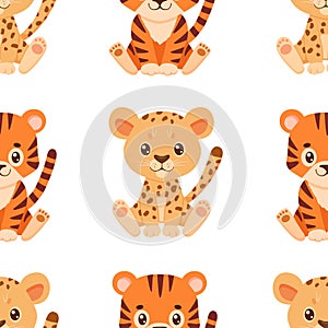 Seamless cartoon childish pattern. Cute tiger and cheetah. Drawing african animals on white.