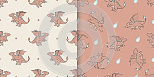 Seamless cartoon cute dragon pattern set