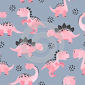 Seamless cartoon dinosaurs pattern. Vector cute dino background for kids