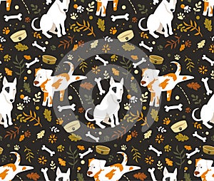 Seamless cartoon dogs pattern with bones, footprint and leaves. Autumn vector illustration with funny bull terrier and Jack Russel photo