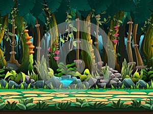 Seamless cartoon jungle landscape, vector unending background with separated layers.