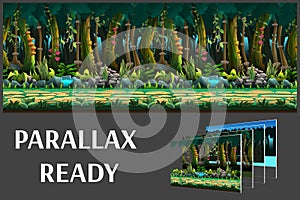 Seamless cartoon jungle landscape, vector unending background with separated layers.