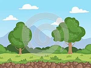 Seamless cartoon landscape. Parallax nature panorama ground with grass trees and rocks vector background