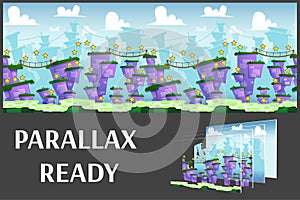Seamless cartoon landscape with purple platform, vector unending background with separated layers for game. photo