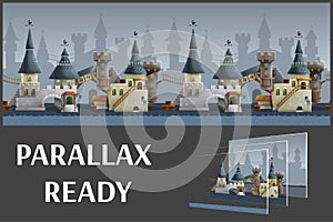 Seamless cartoon medieval city landscape, vector unending background with separated layers. photo