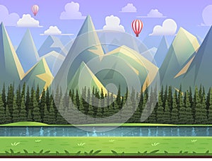 Seamless cartoon mountain natural landscape, vector unending background with separated layers. photo
