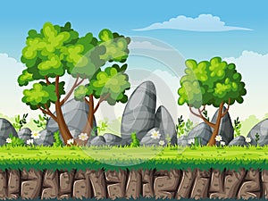 Seamless cartoon nature background. Vector illustration with sep