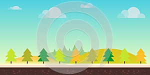 Seamless cartoon nature landscape. Hills, trees, clouds and sky,background for games mobile applications and computers
