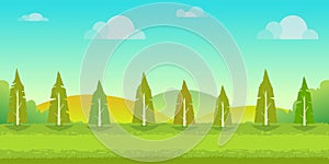 Seamless cartoon nature landscape, unending background with trees, hills and cloudy sky layers. Vector illustration for