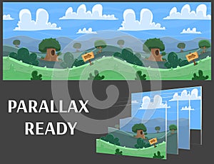 Seamless cartoon nature landscape, vector unending background with separated layers.