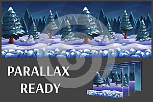 Seamless cartoon nature winter landscape, vector unending background with separated layers. photo