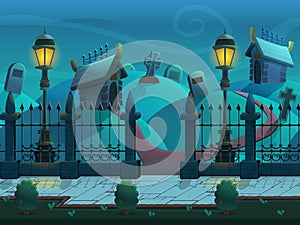 Seamless cartoon night landscape, with graves and crypts, vector unending background with separated layers.