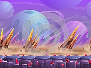 Seamless cartoon outdoor nature landscape of alien planet, vector unending background with separated.