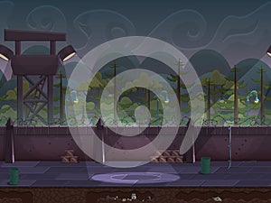 Seamless cartoon outdoor prison landscape, vector unending background with separated layers.