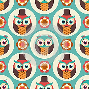 Seamless cartoon owls background pattern