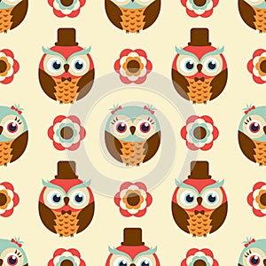 Seamless cartoon owls background pattern