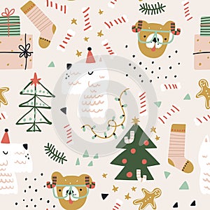 Seamless cartoon pattern with dogs, winter tree, gifts. Holiday xmas texture. Vector illustration