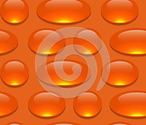 Seamless cartoon pattern with medicine pills and drugs in row on orange background. Capsules with fish oil. Vector texture