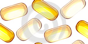 Seamless cartoon pattern with medicine pills and drugs on a white background. Capsules with fish oil. Vector texture