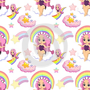 Seamless cartoon pattern of unicorn girl with rainbow sky