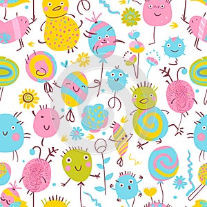 Seamless cartoon pattern with unique features and expressions for include textiles, fabrics, clothing, wallpaper