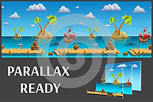 Seamless cartoon sea landscape, vector unending background with separated layers.