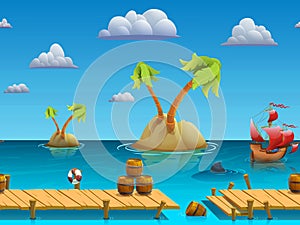 Seamless cartoon sea landscape, vector unending background with separated layers.