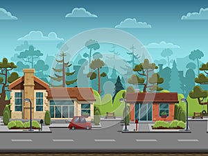 Seamless cartoon street landscape, vector unending background with separated layers.