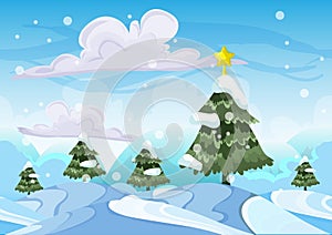 Seamless cartoon vector snow landscape with separated layers