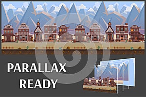 Seamless cartoon wild west town, western landscape, vector unending background with separated layers.