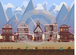 Seamless cartoon wild west town, western landscape, vector unending background with separated layers. photo