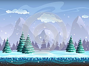 Seamless cartoon winter landscape background endless ice, snow h photo