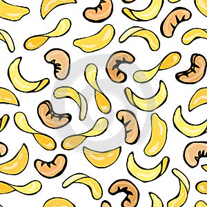 Seamless with Cashew Nuts And Potato Chips. Isolated On a White Background Doodle Cartoon Hand Drawn Sketch Vector