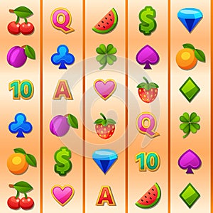 Seamless casino slot machine lines with game icons. Gamble spin element with cherry, lemon and dollar sign. Vegas