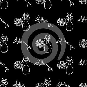 Seamless cat and fishbone Halloween outline, great design for any purposes. Line art design template with white seamless cat and