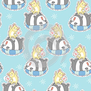 Seamless cat and panda in summer holiday pattern