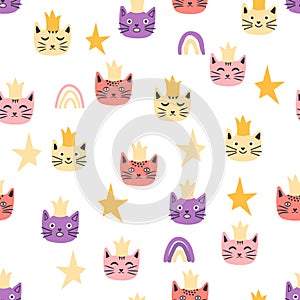 Seamless cat princess pattern. Cute princess cats seamless pattern, little kitty.