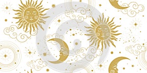 Seamless celestial pattern with golden sun and crescent moon on white background, vintage boho ornament for astrology and tarot.