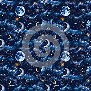 Seamless Celestial Pattern with Moon, Stars, Constellations, Clouds, and Mystical Auroras in Blue and Silver photo