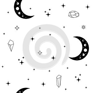 Seamless celestial pattern with moons, stars and crystals. Mystic black and white vector illustration