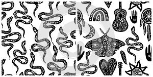 Seamless celestial pattern set, black-white boho symbols seamless pattern. Silhouettes of rainbow, guitar, moth, hand